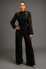 Long Sleeve Mock Neck Back Tie Lace Wide Leg Jumpsuit Black