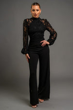 Long Sleeve Mock Neck Back Tie Lace Wide Leg Jumpsuit Black