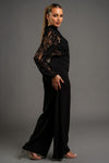 Long Sleeve Mock Neck Back Tie Lace Wide Leg Jumpsuit Black