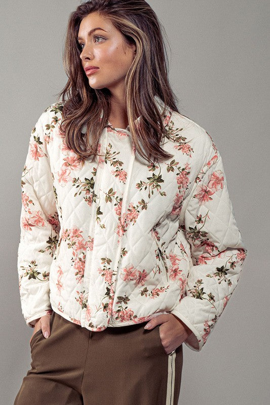  Long Sleeve Floral Print Quilted Shacket Ivory