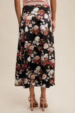 Floral Print Satin Midi Skirt Black