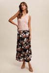 Floral Print Satin Midi Skirt Black