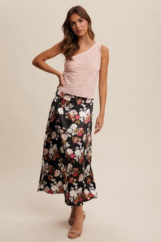 Floral Print Satin Midi Skirt Black