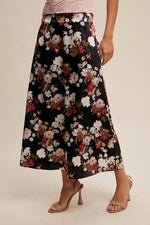 Floral Print Satin Midi Skirt Black