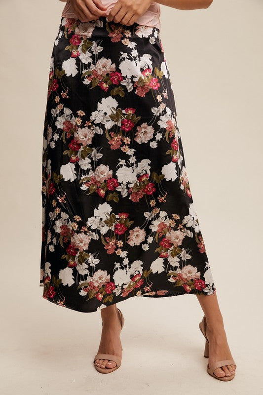 Floral Print Satin Midi Skirt Black