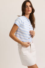  Short Sleeve Button Down Stripe Print Cropped Sweater Top Blue