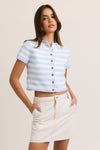  Short Sleeve Button Down Stripe Print Cropped Sweater Top Blue