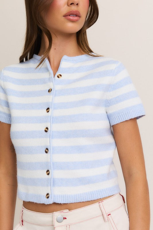  Short Sleeve Button Down Stripe Print Cropped Sweater Top Blue