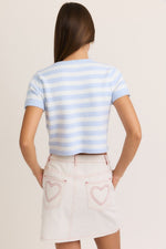  Short Sleeve Button Down Stripe Print Cropped Sweater Top Blue