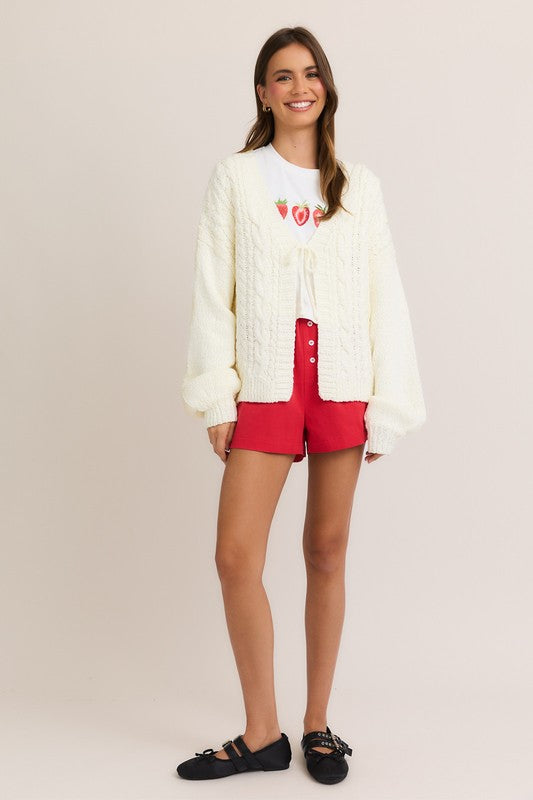 Long Sleeve Front Tie Knit Cardigan White