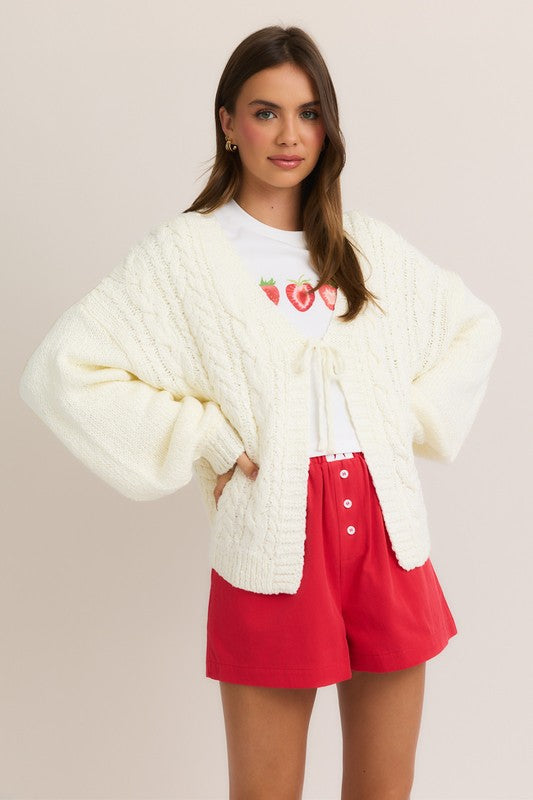 Long Sleeve Front Tie Knit Cardigan White