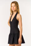 Sleeveless Halter Button Down Vest Mini Dress Black