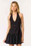 Sleeveless Halter Button Down Vest Mini Dress Black