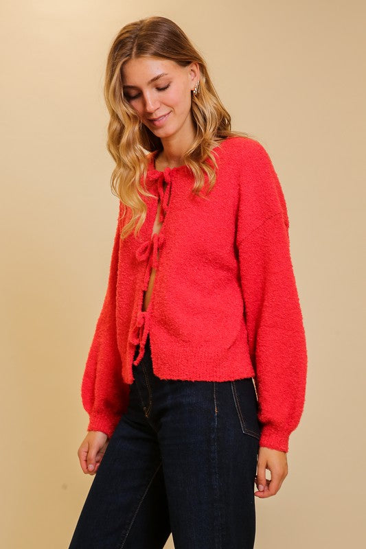 Long Sleeve Bow Tie Cardigan Sweater Red