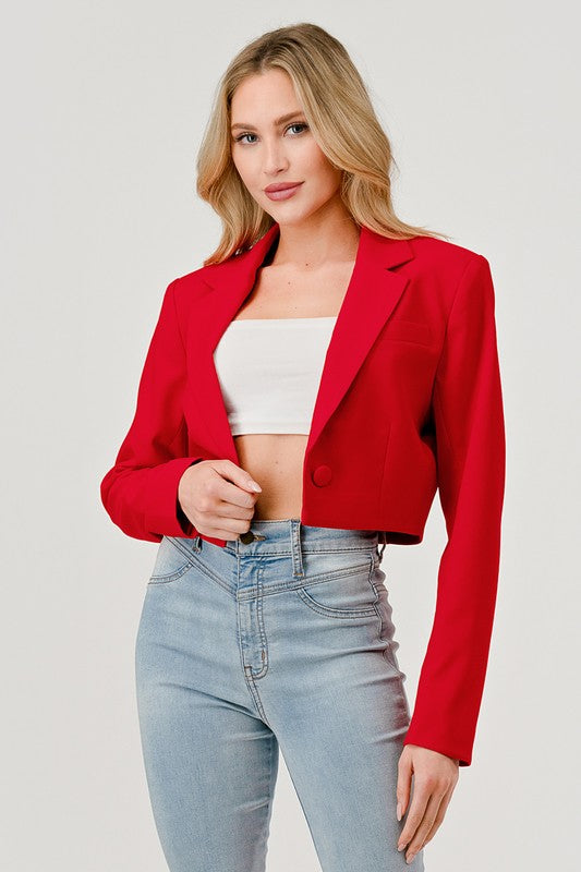 Long Sleeve Notched Lapel Crop Blazer Red