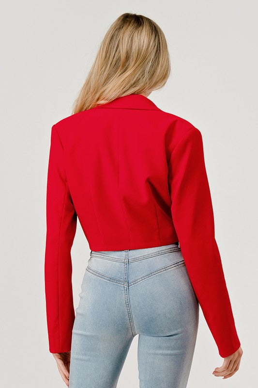 Long Sleeve Notched Lapel Crop Blazer Red