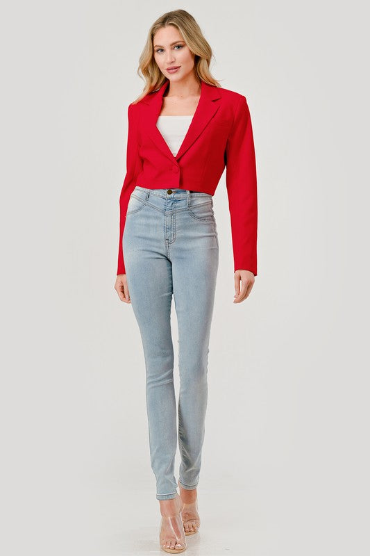 Long Sleeve Notched Lapel Crop Blazer Red