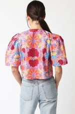 Short Puff Sleeve Front Tie Floral Print Top Pink