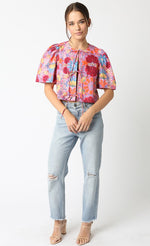 Short Puff Sleeve Front Tie Floral Print Top Pink