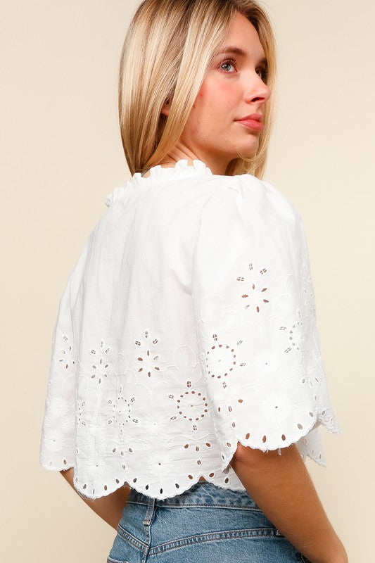  Short Sleeve Embroidered Front Tie Top White