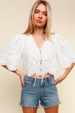  Short Sleeve Embroidered Front Tie Top White