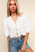  Short Sleeve Embroidered Front Tie Top White