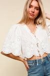  Short Sleeve Embroidered Front Tie Top White