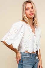  Short Sleeve Embroidered Front Tie Top White