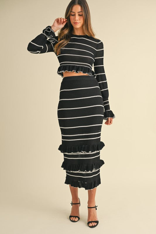 Waitlist 12/20 ♥ Casey Long Sleeve Stripe Print Knit Ruffle Crop Top And Midi Skirt Set Black