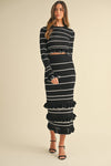 Waitlist 12/20 ♥ Casey Long Sleeve Stripe Print Knit Ruffle Crop Top And Midi Skirt Set Black