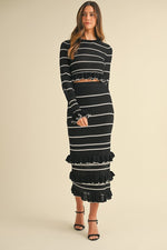 Waitlist 12/20 ♥ Casey Long Sleeve Stripe Print Knit Ruffle Crop Top And Midi Skirt Set Black