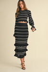 Waitlist 12/20 ♥ Casey Long Sleeve Stripe Print Knit Ruffle Crop Top And Midi Skirt Set Black