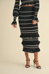 Waitlist 12/20 ♥ Casey Long Sleeve Stripe Print Knit Ruffle Crop Top And Midi Skirt Set Black