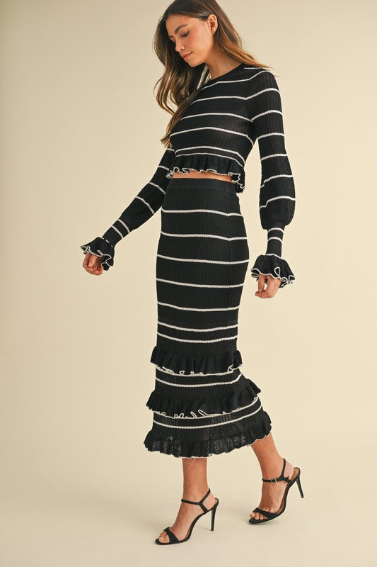 Waitlist 12/20 ♥ Casey Long Sleeve Stripe Print Knit Ruffle Crop Top And Midi Skirt Set Black