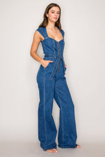 Sleeveless Waist Tie Denim Jumpsuit Dark Wash