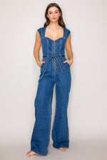 Sleeveless Waist Tie Denim Jumpsuit Dark Wash