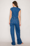 Sleeveless Waist Tie Denim Jumpsuit Dark Wash