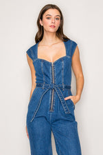 Sleeveless Waist Tie Denim Jumpsuit Dark Wash