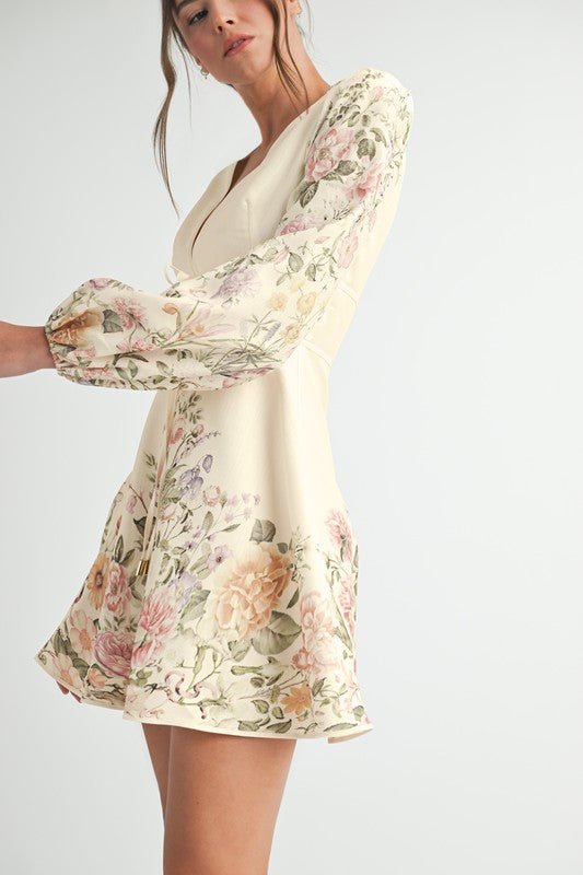 Long Sleeve Floral Print Flared Mini Dress Cream