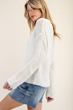 Long Sleeve Crocket Knit Sweater Top White