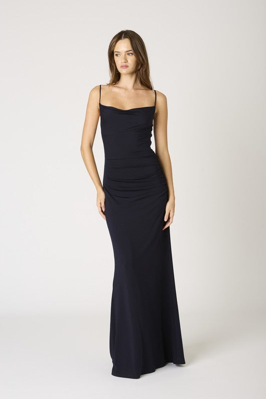 sleeveless Cowl Neck Ruched Maxi Dress Black