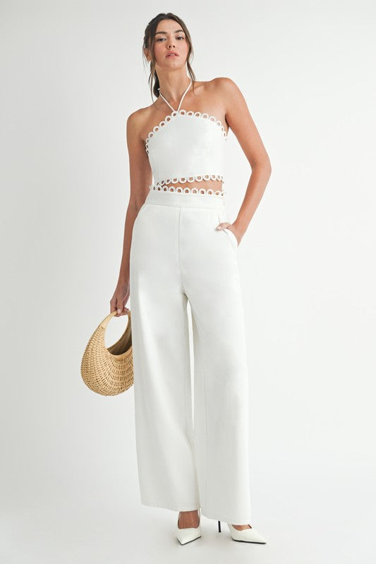 Sleeveless Halter Tie Scallop Trim Linen Top And Pants Set White