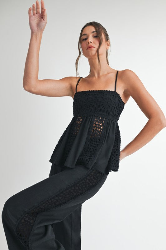 Sleeveless Crochet Babydoll Top Black