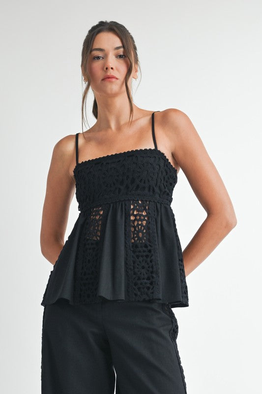 Sleeveless Crochet Babydoll Top Black