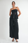 High Waist Crochet Wide Leg Linen Pants Black