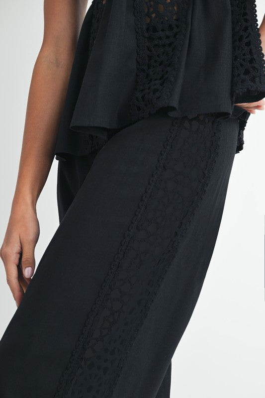 High Waist Crochet Wide Leg Linen Pants Black