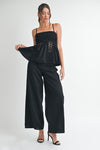 High Waist Crochet Wide Leg Linen Pants Black