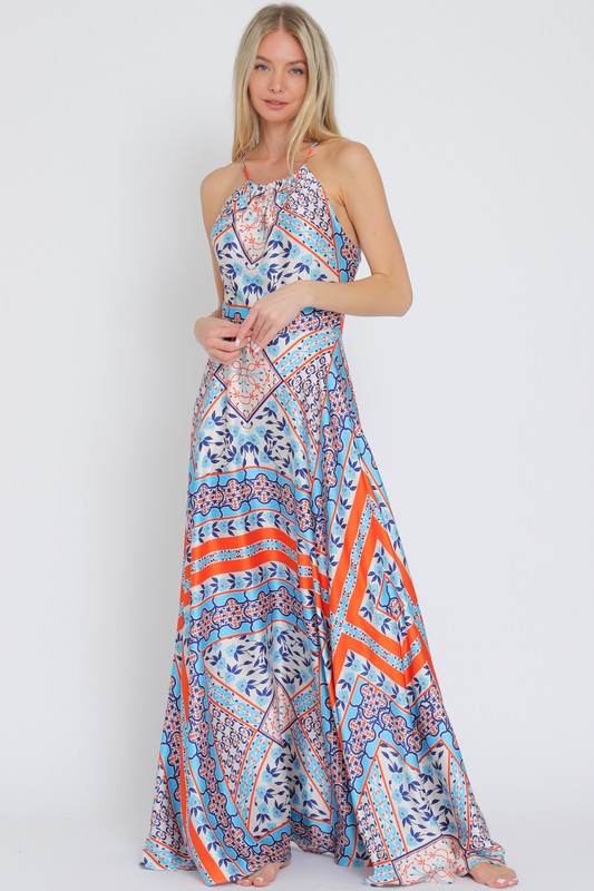 Sleeveless Halter Cross Back Abstract Print Maxi Dress Blue