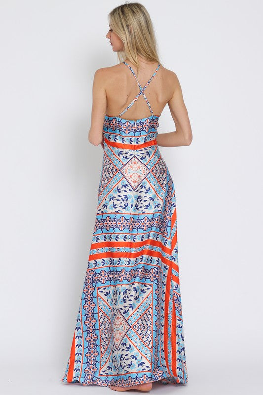 Sleeveless Halter Cross Back Abstract Print Maxi Dress Blue