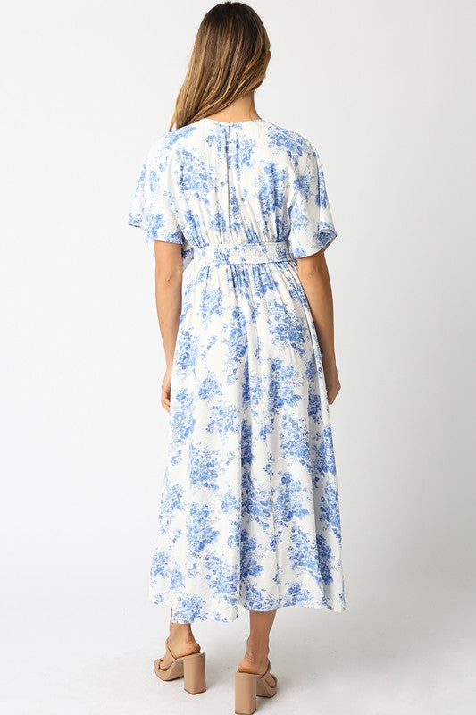 Kimono Sleeve Floral Print Maxi Dress Blue